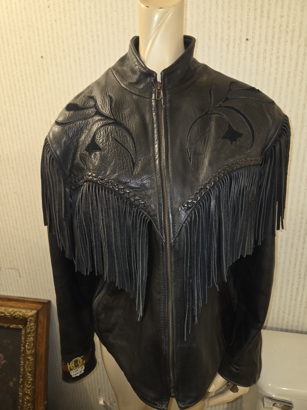 VTG 1980s Fashions By ROSE  Wmns Black Fringe Leather SIZE 14  W/ Harley Patches